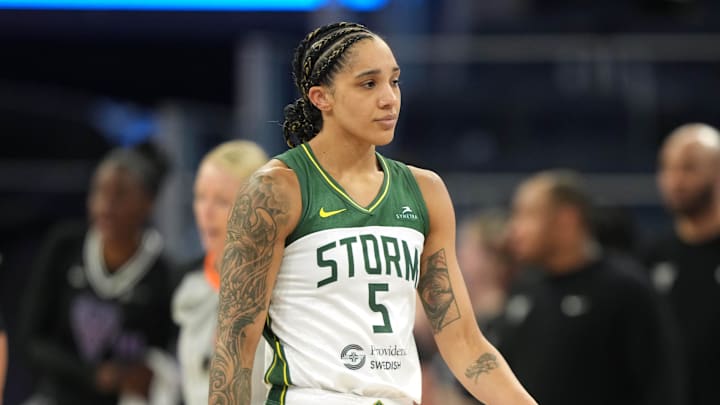 Jun 29, 2025; San Francisco, California, USA; Seattle Storm forward Gabby Williams (5) reacts after being called for a technical foul against the Golden State Valkyries during the fourth quarter at Chase Center. Mandatory Credit: Darren Yamashita-Imagn Images