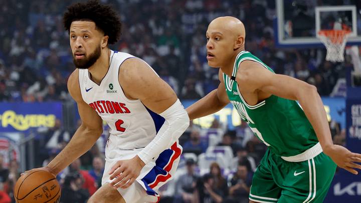 Oct 20, 2026; Detroit, Michigan, USA;  Detroit Pistons guard Cade Cunningham (2) dribbles in the first half against the Boston Celtics at Little Caesars Arena.  Mandatory Credit: Rick Osentoski-Imagn Images