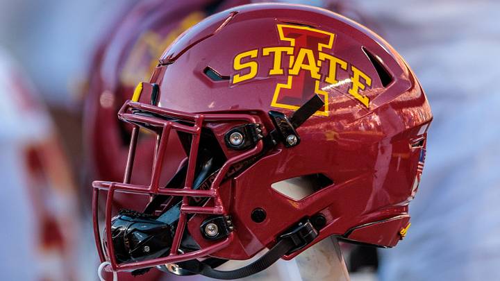 Nov 9, 2024; Kansas City, Missouri, USA; Iowa State Cyclones helmets on the bench during the first quarter against the Kansas Jayhawks at GEHA Field at Arrowhead Stadium. Mandatory Credit: William Purnell-Imagn Images Nov 9, 2024; Kansas City, Missouri, USA; Iowa State Cyclones helmets on the bench during the first quarter against the Kansas Jayhawks at GEHA Field at Arrowhead Stadium. Mandatory Credit: William Purnell-Imagn Images