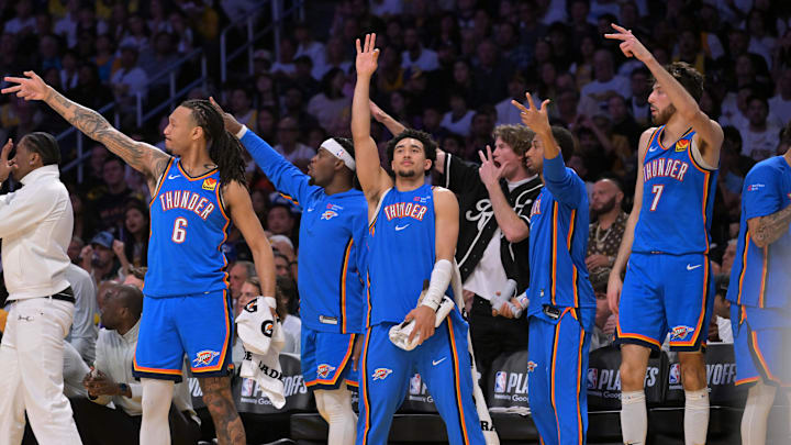May 9, 2026; Los Angeles, California, USA; Oklahoma City Thunder players react after a three-point basket in the second half of game three of the second round of the 2026 NBA Playoffs against the Los Angeles Lakers at Crypto.com Arena. Mandatory Credit: Jayne Kamin-Oncea-Imagn Images