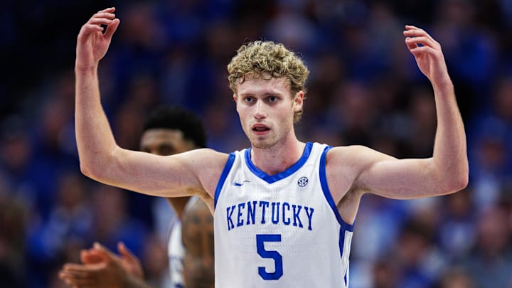 Jan 21, 2026; Lexington, Kentucky, USA; Kentucky Wildcats guard Collin Chandler (5) motions for the crowd to get loud during the second half against the Texas Longhorns at Rupp Arena at Central Bank Center. Mandatory Credit: Jordan Prather-Imagn Images