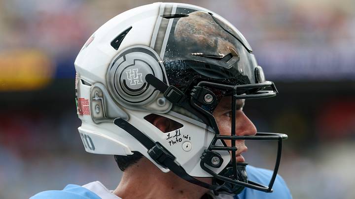 Oct 3, 2026; Houston, Texas, USA; A view of the helmet of Houston Cougars quarterback Conner Weigman (1) during the game against the UCF Knights at TDECU Stadium. Mandatory Credit: Troy Taormina-Imagn Images