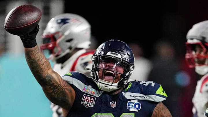 Feb 8, 2026; Santa Clara, CA, USA; Seattle Seahawks defensive tackle Byron Murphy II (91) reacts after a fumble against New England Patriots during the third quarter in Super Bowl LX at Levi's Stadium.