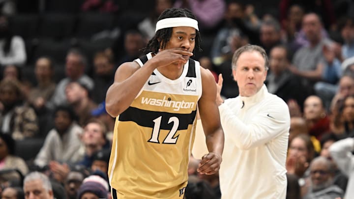 Dec 29, 2025; Washington, District of Columbia, USA; Washington Wizards guard Tre Johnson (12) gestures after scoring a basket against the Phoenix Suns during the second quarter at Capital One Arena. Mandatory Credit: Rafael Suanes-Imagn Images Dec 29, 2025; Washington, District of Columbia, USA; Washington Wizards guard Tre Johnson (12) gestures after scoring a basket against the Phoenix Suns during the second quarter at Capital One Arena. Mandatory Credit: Rafael Suanes-Imagn Images