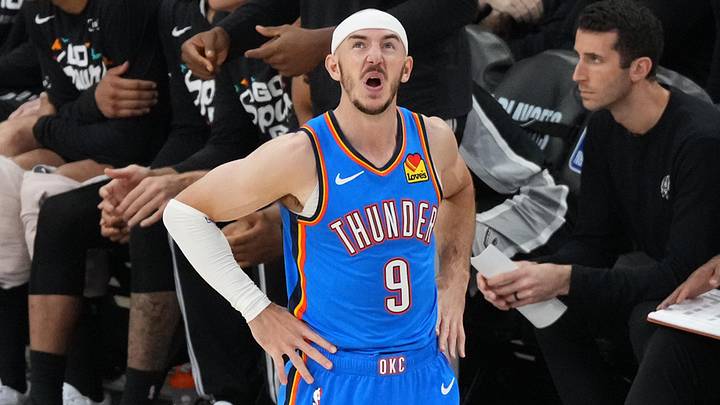 May 22, 2026; San Antonio, Texas, USA; Oklahoma City Thunder guard Alex Caruso (9) reacts against the San Antonio Spurs in the second half during game three of the western conference finals for the 2026 NBA playoffs at Frost Bank Center. Mandatory Credit: Scott Wachter-Imagn Images