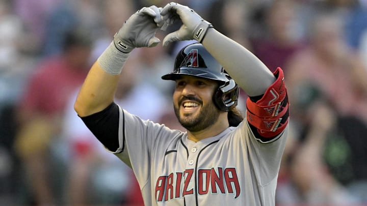 Jul 12, 2025; Anaheim, California, USA;  Arizona Diamondbacks third baseman Eugenio Suarez (28) celebrates after hitting his second solo home run of the game during the fourth inning against the Los Angeles Angels at Angel Stadium