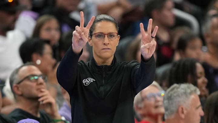 Aug 31, 2025; San Francisco, California, USA; Indiana Fever head coach Stephanie White gestures during the first quarter against the Golden State Valkyries at Chase Center. Mandatory Credit: Darren Yamashita-Imagn Images