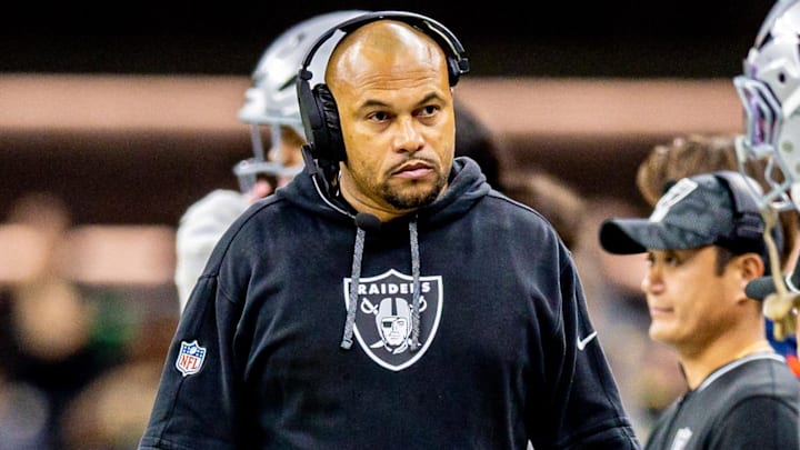 Dec 29, 2024; New Orleans, Louisiana, USA; Las Vegas Raiders head coach Antonio Pierce looks on against the New Orleans Saints during the second half at Caesars Superdome. Mandatory Credit: Stephen Lew-Imagn Images Dec 29, 2024; New Orleans, Louisiana, USA; Las Vegas Raiders head coach Antonio Pierce looks on against the New Orleans Saints during the second half at Caesars Superdome. Mandatory Credit: Stephen Lew-Imagn Images