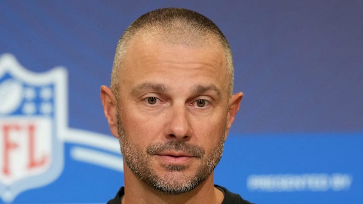 Feb 24, 2026; Indianapolis, IN, USA; Las Vegas Raiders general manager John Spytek speaks at the NFL Scouting Combine at the Indiana Convention Center. Mandatory Credit: Kirby Lee-Imagn Images