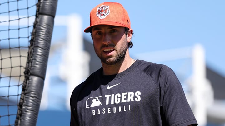 Feb 23, 2025; Tampa, Florida, USA; Detroit Tigers outfielder Matt Vierling (8) takes batting practice before a game against the New York Yankees during spring training at George M. Steinbrenner Field
