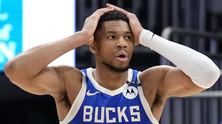 Milwaukee Bucks forward Giannis Antetokounmpo (34) reacts after fouling out  during the fourth quarter against the Indiana Pacers at Fiserv Forum. March 15, 2025.