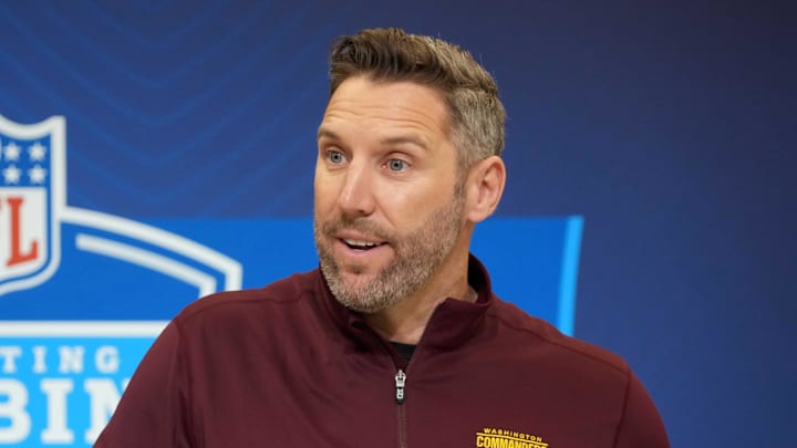 Feb 25, 2025; Indianapolis, IN, USA; Washington Commanders general manager Adam Peters speaks during the NFL Scouting Combine at the Indiana Convention Center. Mandatory Credit: Kirby Lee-Imagn Images