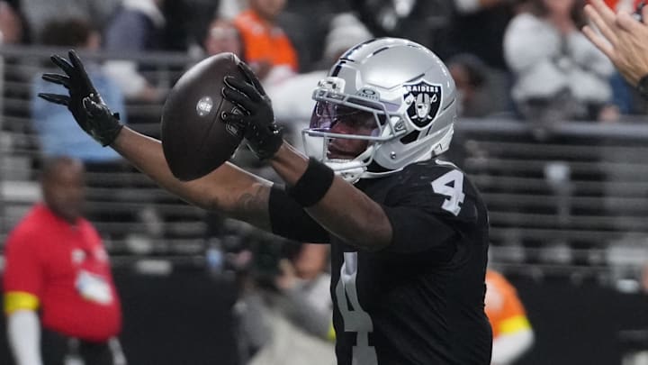 Dec 7, 2025; Paradise, Nevada, USA; Las Vegas Raiders wide receiver Shedrick Jackson (4) reacts after catching a touchdown pass against the Denver Broncos during the second half at Allegiant Stadium. Mandatory Credit: Kirby Lee-Imagn Images Dec 7, 2025; Paradise, Nevada, USA; Las Vegas Raiders wide receiver Shedrick Jackson (4) reacts after catching a touchdown pass against the Denver Broncos during the second half at Allegiant Stadium. Mandatory Credit: Kirby Lee-Imagn Images