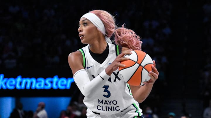 Aug 10, 2025; Brooklyn, New York, USA; Minnesota Lynx guard DiJonai Carrington (3) sets the play while defended by New York Liberty guard Marine Johannes (23) during the second half at Barclays Center. Mandatory Credit: John Jones-Imagn Images