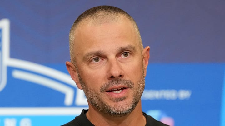 Feb 24, 2026; Indianapolis, IN, USA; Las Vegas Raiders general manager John Spytek speaks at the NFL Scouting Combine at the Indiana Convention Center. Mandatory Credit: Kirby Lee-Imagn Images