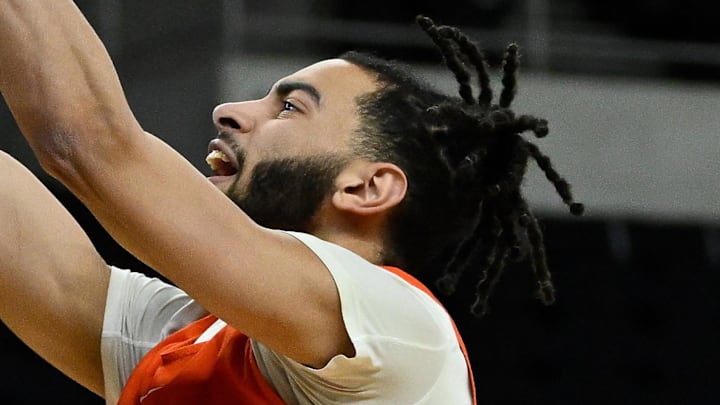 Mar 19, 2025; Providence, RI, USA; Clemson Tigers center Christian Reeves (14) practices at Amica Mutual Pavilion.