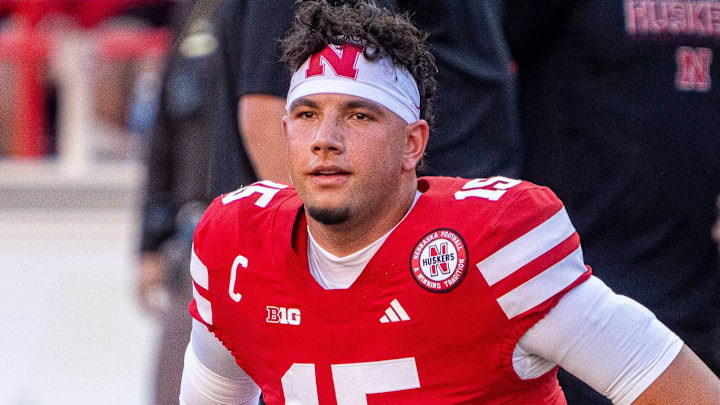 Sep 6, 2025; Lincoln, Nebraska, USA; Nebraska Cornhuskers quarterback Dylan Raiola (15) warms up before the game against the Akron Zips at Memorial Stadium. Mandatory Credit: Dylan Widger-Imagn Images