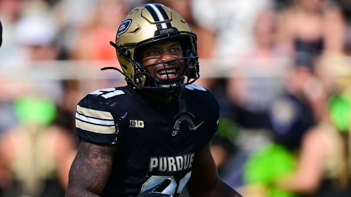 Purdue Boilermakers defensive back Tahj Ra-El (21) reacts Purdue Boilermakers defensive back Tahj Ra-El (21) reacts