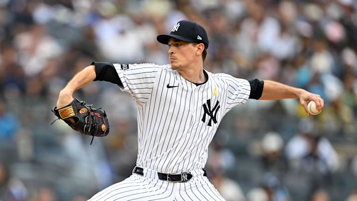 Sep 7, 2025; Bronx, New York, USA; New York Yankees starting pitcher Max Fried (54) pitches the ball during the third inning against the Toronto Blue Jays at Yankee Stadium. Mandatory Credit: Mark Smith-Imagn Images