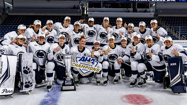 Penn State women’s ice hockey celebrates the program's fourth consecutive AHA Championship over No. 12 Mercyhurst in a 3-2 result at Pegula Ice Arena on March 7, 2026.