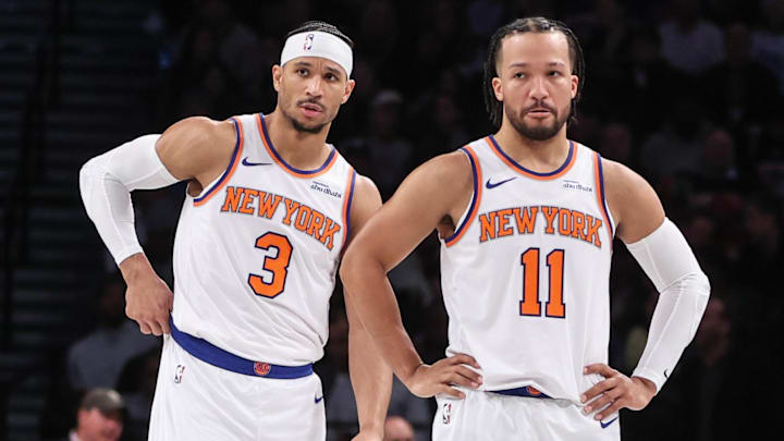 Jan 21, 2025; Brooklyn, New York, USA;  New York Knicks guards Josh Hart (3) and Jalen Brunson (11) at Barclays Center. Mandatory Credit: Wendell Cruz-Imagn Images