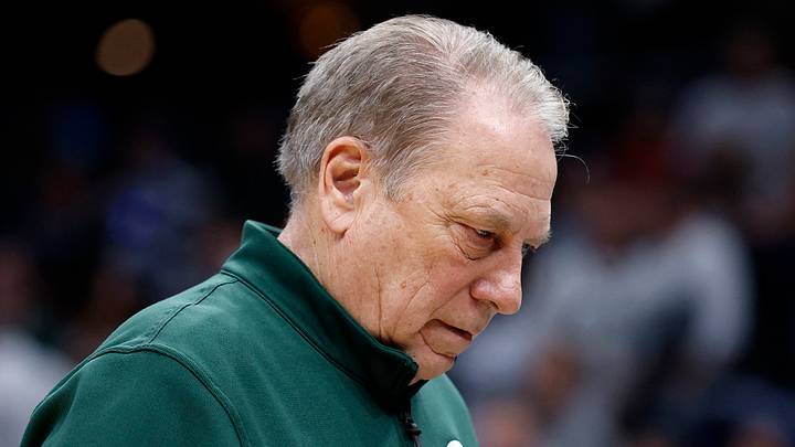 Mar 27, 2026; Washington, DC, USA; Michigan State Spartans head coach Tom Izzo reacts in the first half during a Sweet Sixteen game of the East Regional of the men's 2026 NCAA Tournament at Capital One Arena. Mandatory Credit: Amber Searls-Imagn Images