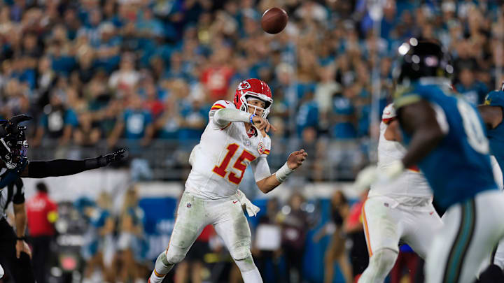 Kansas City Chiefs quarterback Patrick Mahomes (15) passes the ball during the fourth quarter of an NFL football matchup at EverBank Stadium, Monday, Oct. 6, 2025, in Jacksonville, Fla. The Jacksonville Jaguars edged the Kansas City Chiefs 31-28. [Corey Perrine/Florida Times-Union]