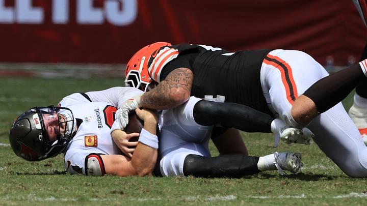 Sep 20, 2026; Tampa, Florida, USA; Cleveland Browns defensive tackle Mason Graham (94) sacks Tampa Bay Buccaneers quarterback Baker Mayfield (6) during the second half at Raymond James Stadium. Mandatory Credit: Kim Klement Neitzel-Imagn Images Sep 20, 2026; Tampa, Florida, USA; Cleveland Browns defensive tackle Mason Graham (94) sacks Tampa Bay Buccaneers quarterback Baker Mayfield (6) during the second half at Raymond James Stadium. Mandatory Credit: Kim Klement Neitzel-Imagn Images