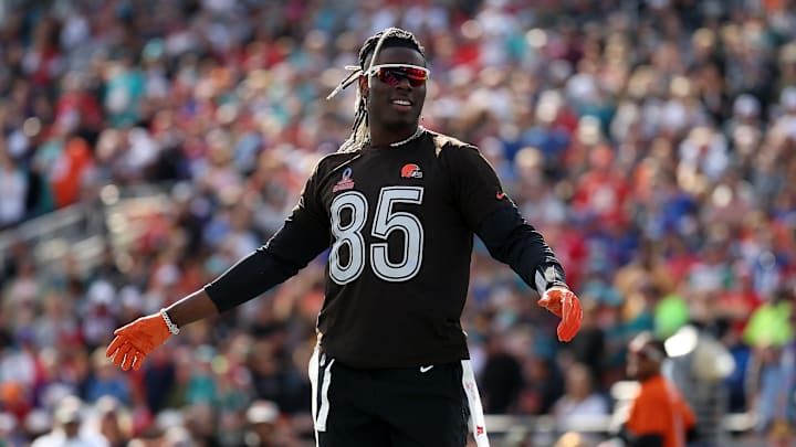 Feb 4, 2024; Orlando, FL, USA; AFC tight end David Njoku (85) of the Cleveland Browns reacts during the 2024 Pro Bowl at Camping World Stadium. Mandatory Credit: Nathan Ray Seebeck-Imagn Images