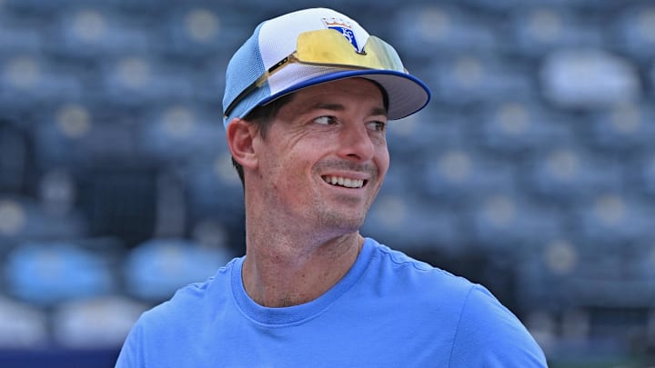 Aug 29, 2025; Kansas City, Missouri, USA; Kansas City Royals right fielder Mike Yastrzemski (18) looks on during batting practice before game against the Detroit Tigers at Kauffman Stadium. Mandatory Credit: Peter Aiken-Imagn Images