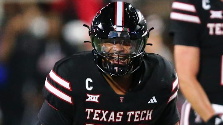 Sep 28, 2024; Lubbock, Texas, USA;  Texas Tech Red Raiders offensive lineman Caleb Rogers (76) reacts in the second half during the game against the Cincinnati Bearcats at Jones AT&T Stadium and Cody Campbell Field. Mandatory Credit: Michael C. Johnson-Imagn Images