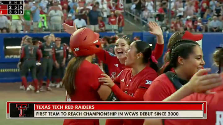 Texas Tech softball celebrates advancing to the WCWS championship series.
