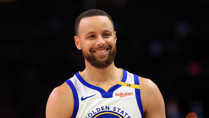 Apr 8, 2025; Phoenix, Arizona, USA; Golden State Warriors guard Stephen Curry (30) reacts against the Phoenix Suns during the first half at Footprint Center. Mandatory Credit: Mark J. Rebilas-Imagn Images