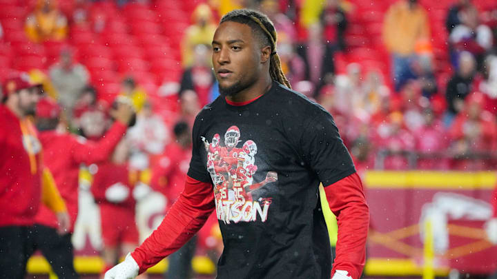 Nov 4, 2024; Kansas City, Missouri, USA; Kansas City Chiefs safety Justin Reid (20) warms up against the Tampa Bay Buccaneers prior to a game at GEHA Field at Arrowhead Stadium. Mandatory Credit: Denny Medley-Imagn Images