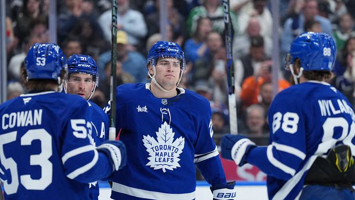 Apr 13, 2026; Toronto, Ontario, CAN; Toronto Maple Leafs center John Tavares (91) scores a goal and celebrates with left wing Matthew Knies (23) against the Dallas Stars during the first period at Scotiabank Arena. Mandatory Credit: Nick Turchiaro-Imagn Images