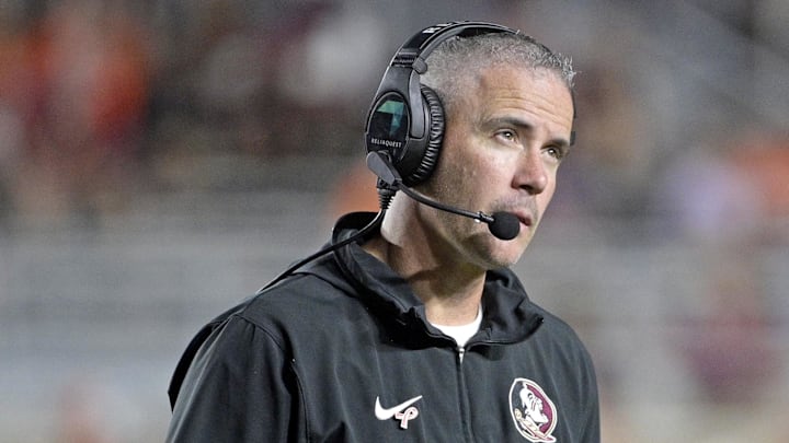 Oct 5, 2024; Tallahassee, Florida, USA; Florida State Seminoles head coach Mike Norvell looks on during the second half against the Clemson Tigers at Doak S. Campbell Stadium. Mandatory Credit: Melina Myers-Imagn Images