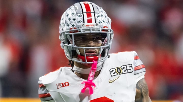 Jan 20, 2025; Atlanta, GA, USA; Ohio State Buckeyes wide receiver Emeka Egbuka (2) against the Notre Dame Fighting Irish during the CFP National Championship college football game at Mercedes-Benz Stadium. Mandatory Credit: Mark J. Rebilas-Imagn Images