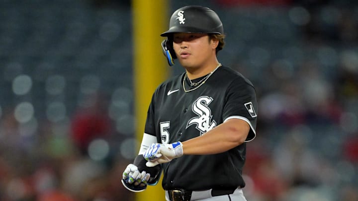 May 4, 2026; Anaheim, California, USA;  Chicago White Sox first baseman Munetaka Murakami (5) gestures to the dugout after a double in the sixth inning against the Los Angeles Angels at Angel Stadium. Mandatory Credit: Jayne Kamin-Oncea-Imagn Images