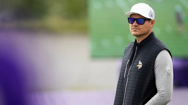 Kevin O'Connell watches a recent Vikings practice 