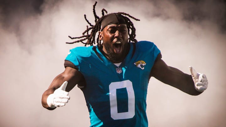 Jacksonville Jaguars linebacker Devin Lloyd (0) enters the stadium before an NFL football game at EverBank Stadium, Sunday, Dec. 14, 2025, in Jacksonville, Fla. [Doug Engle/Florida Times-Union]