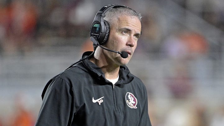 Oct 5, 2024; Tallahassee, Florida, USA; Florida State Seminoles head coach Mike Norvell looks on during the second half against the Clemson Tigers at Doak S. Campbell Stadium. Mandatory Credit: Melina Myers-Imagn Images