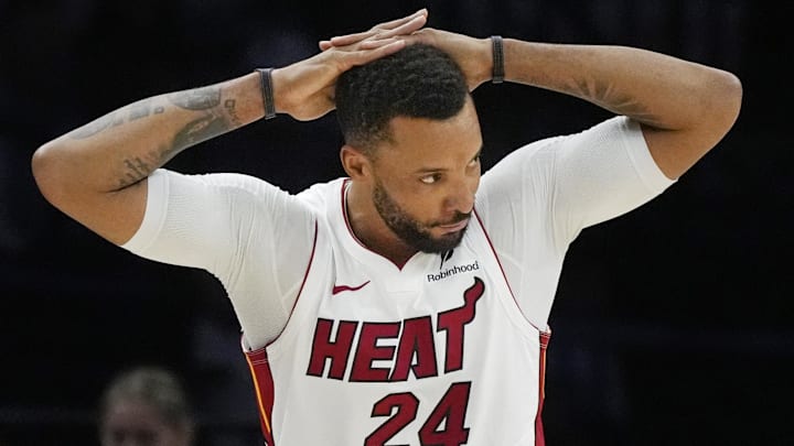 Miami Heat guard Norman Powell (24) pauses (Mandatory Credit: Bruce Kluckhohn-Imagn Images)