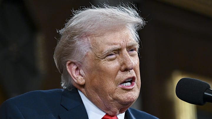 Feb 24, 2026; Washington, DC, USA; President Donald J. Trump delivers the first State of the Union address of his second term to a joint session of Congress in the House Chamber of the United States Capitol in Washington on Tuesday. Mandatory Credit: Kenny Holston-Pool Photo via Imagn Images
