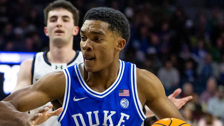 Feb 24, 2026; South Bend, Indiana, USA; Duke Blue Devils guard Caleb Foster (1) drives as Notre Dame Fighting Irish guard Sir Mohammed (13) defends during the second half at Purcell Pavilion at the Joyce Center. Mandatory Credit: Michael Caterina-Imagn Images Feb 24, 2026; South Bend, Indiana, USA; Duke Blue Devils guard Caleb Foster (1) drives as Notre Dame Fighting Irish guard Sir Mohammed (13) defends during the second half at Purcell Pavilion at the Joyce Center. Mandatory Credit: Michael Caterina-Imagn Images