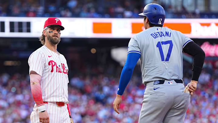 Philadelphia Phillies first baseman Bryce Harper is trailing Dodgers DH Shohei Ohtani in NL MVP odds