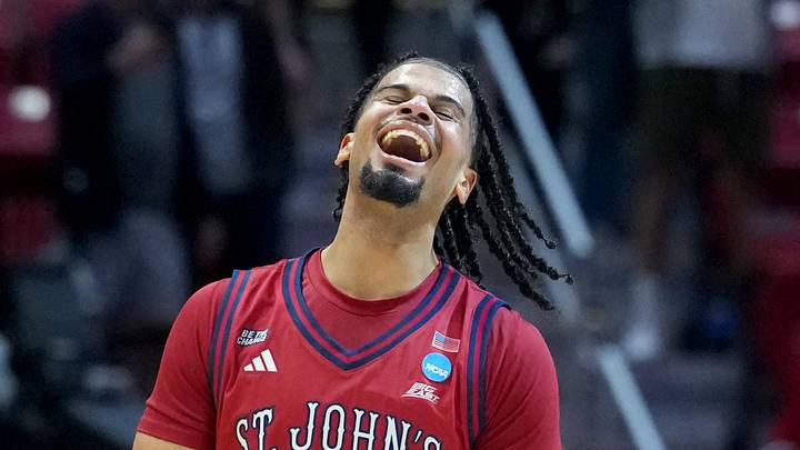 Mar 22, 2026; San Diego, CA, USA; St. John's Red Storm forward Bryce Hopkins (23) celebrates after defeating the Kansas Jayhawks during a second round game of the men's 2026 NCAA Tournament at Viejas Arena. Mandatory Credit: Kirby Lee-Imagn Images