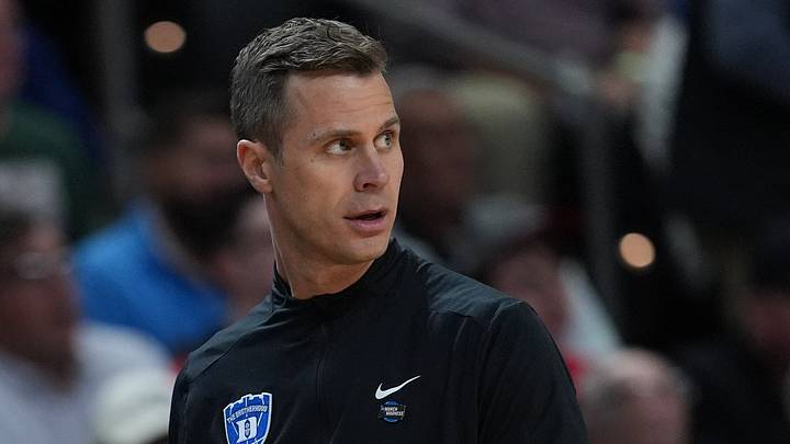 Mar 19, 2026; Greenville, SC, USA; Duke Blue Devils head coach Jon Scheyer watches game action during a first round game of the men's 2026 NCAA Tournament at Bon Secours Wellness Arena. Mandatory Credit: Jim Dedmon-Imagn Images