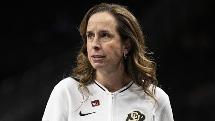 Mar 7, 2025; Kansas City, MO, USA; Colorado Buffaloes head coach JR Payne looks on during the first quarter against the TCU Horned Frogs at T-Mobile Center. Mandatory Credit: Amy Kontras-Imagn Images