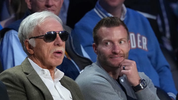 Feb 14, 2026; Los Angeles, CA, USA; Los Angeles Dodgers chairman and controlling owner Mark Walter (left), Los Angeles Rams owner Stan Kroenke (center), and Rams coach Sean McVay look on during the 2026 NBA All Star Saturday Night at Intuit Dome. Mandatory Credit: Kirby Lee-Imagn Images Feb 14, 2026; Los Angeles, CA, USA; Los Angeles Dodgers chairman and controlling owner Mark Walter (left), Los Angeles Rams owner Stan Kroenke (center), and Rams coach Sean McVay look on during the 2026 NBA All Star Saturday Night at Intuit Dome. Mandatory Credit: Kirby Lee-Imagn Images