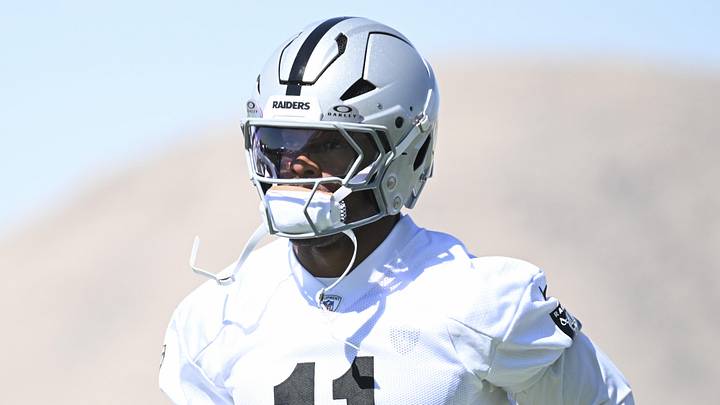 May 20, 2026; Henderson, NV, USA; Las Vegas Raiders safety Jeremy Chinn (11) warms up during organized team activities at Intermountain Health Performance Center. Mandatory Credit: Candice Ward-Imagn Images